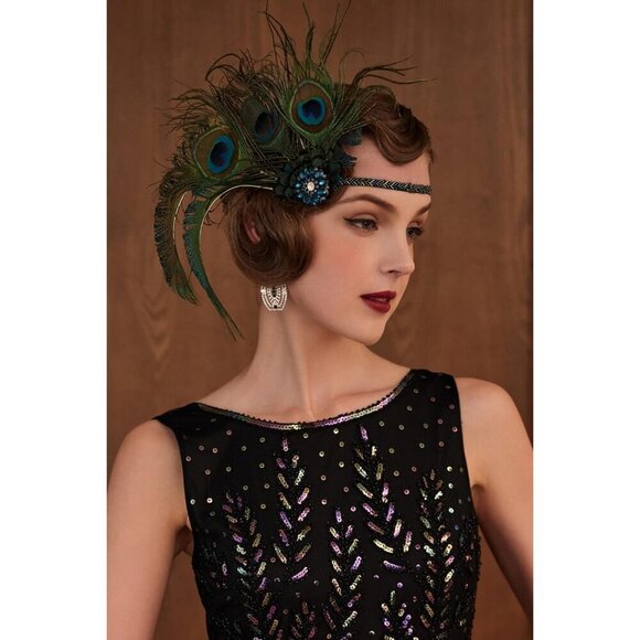 1920s Flapper Peacock Feather Headband Beaded Hair Accessories for Gatsby